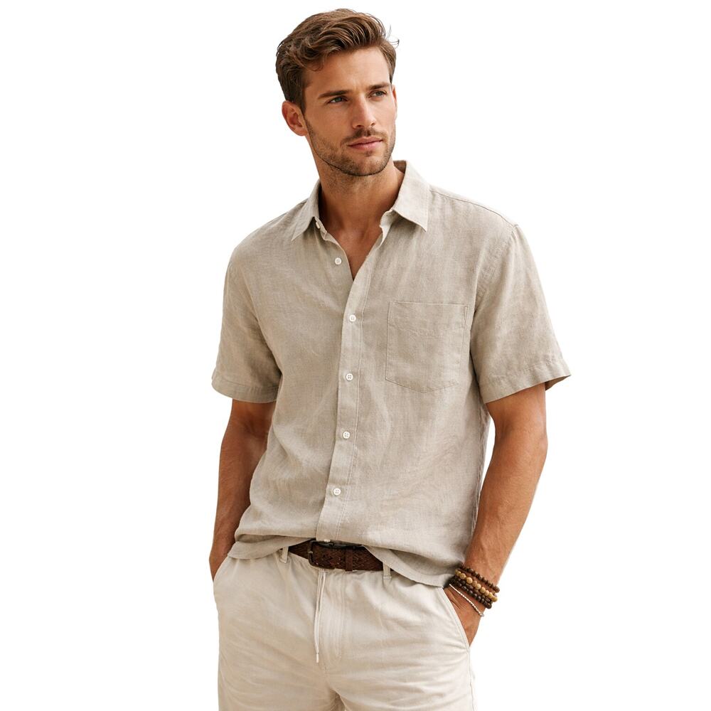 Men's Short-Sleeve Button-Down Linen Shirt in Light Beige